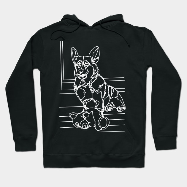 Dog Art Toy Bear and his Corgi White Line Drawing Hoodie by ellenhenryart